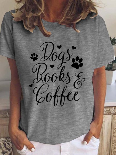 

Dogs Books And Coffee Print Crew Neck T-shirt, Gray, T-shirts