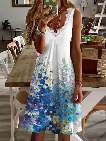 

Casual Floral V neck Sleeveless Knitting Dresses, Blue, Mini Dresses