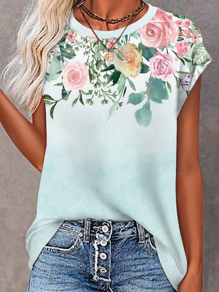 

Floral Casual Loosen Short Sleeve T-Shirt, Green, T-Shirts