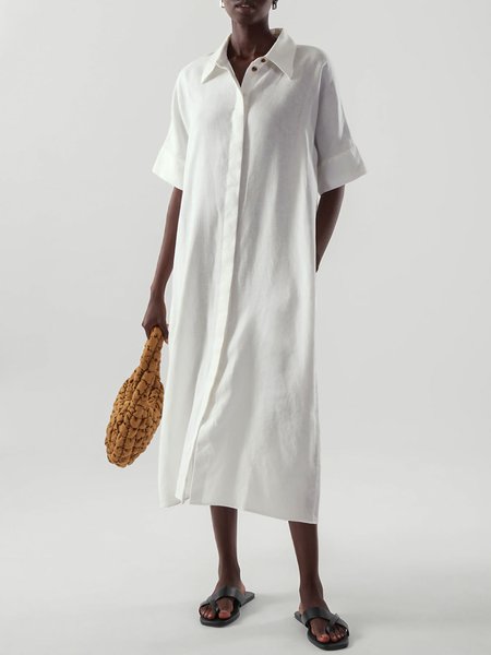 

Shirt Collar Vacation Solid Short Sleeve Woven Dress, White, Midi Dresses