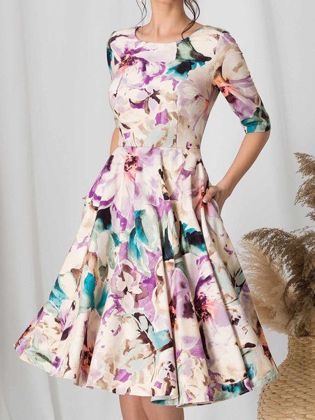 

Floral Crew Neck Elegant Short Sleeve Woven Dress, Multicolor, Midi Dresses