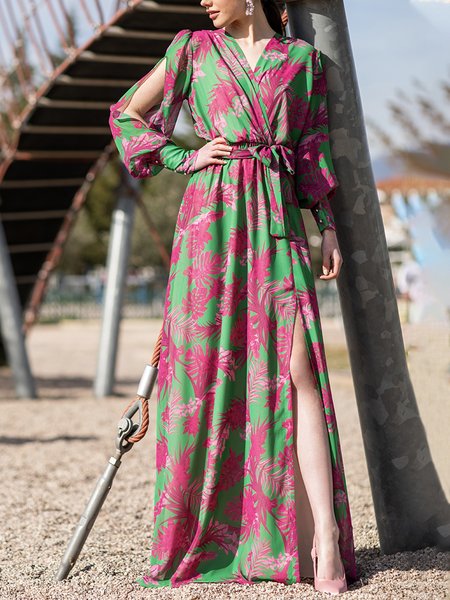 

Vacation Floral Regular Fit Long Sleeve Maxi Dress, Green, Maxi Dresses