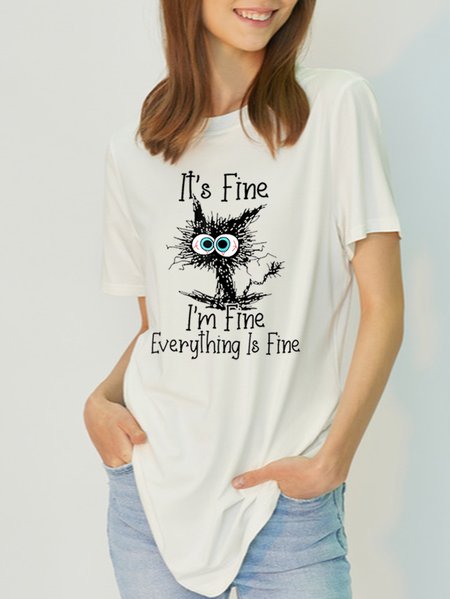

Women's Funny Letter I'm Fine Crew Neck Bamboo Fiber Casual Short Sleeve T-Shirt, White, T-shirts