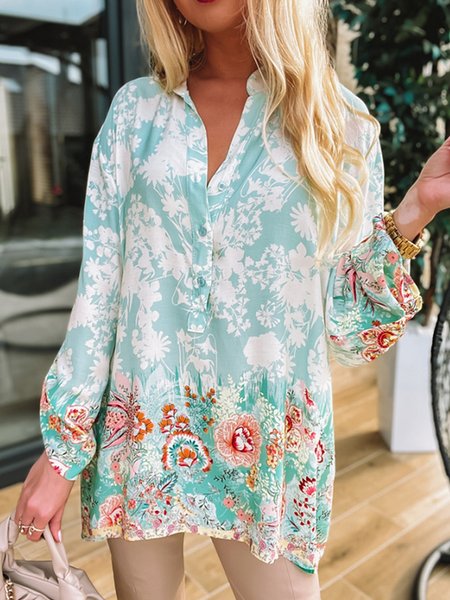 

Stand Collar Vacation Loosen Long Sleeve Tops, Multicolor, Tops