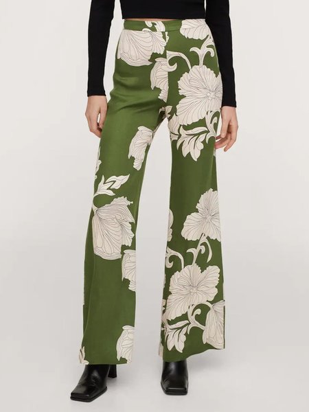 

Vacation Floral Pants, Green, Wide Leg Pants