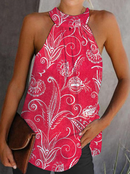 

Regular Fit Crew Neck Vacation Woven, Pink, Tanks & Camis