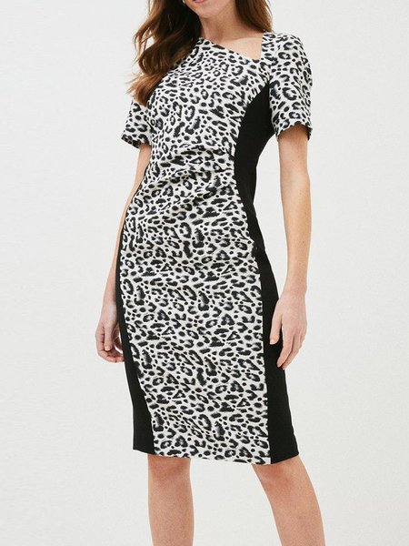 

Elegant Asymmetrical Neck Short Sleeve Woven Dress, Black-white, Midi Dresses