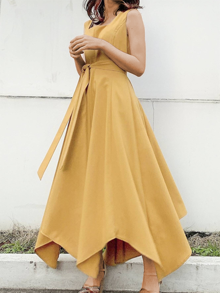 

Casual Square neck Solid Sleeveless Woven Dress, Yellow, Maxi Dresses