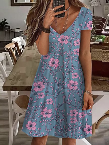 

Casual V Neck Short Sleeve Knit Dress, Flower, Mini Dresses