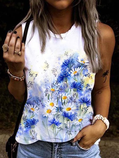 

Round Neck Floral Casual Knit, White, Tank Top