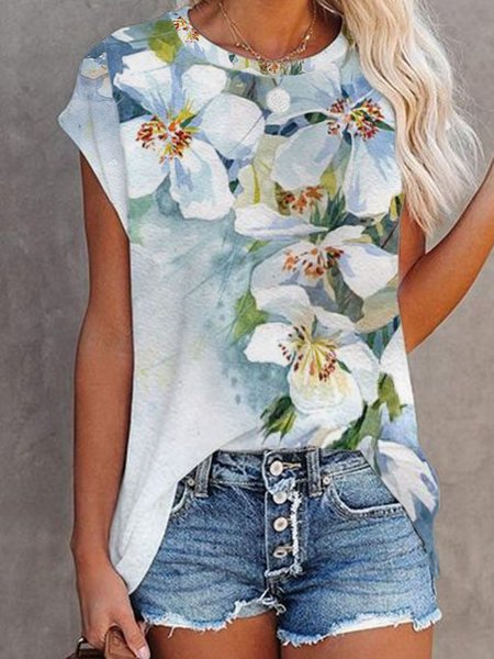 

Floral Round Neck Regular Fit Short Sleeve T-Shirt, Blue, T-Shirts