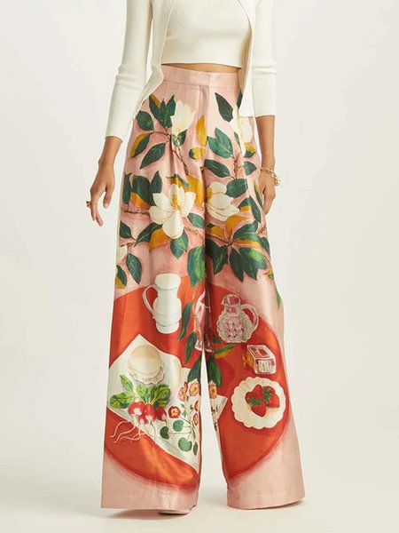 

Vacation Floral Regular Fit Pants, Multicolor, Wide Leg Pants