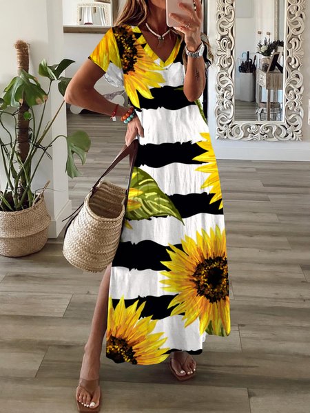 Casual Sunflower Short Sleeve V Neck Plus Size Printed Dress, Yellow, Maxi Dresses