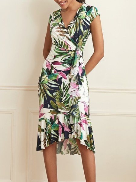 

Summer Cap sleeve Regular Fit Elegant V Neck Short Sleeve Knit Dress, Green, Midi Dresses