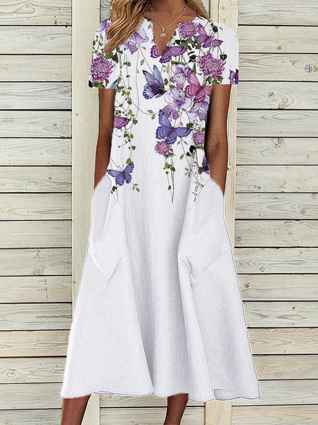 

Butterfly Regular Fit V Neck Short Sleeve Woven Dress, White, Dresses