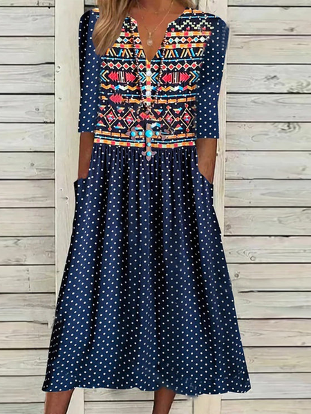 

Polka Dots Regular Fit V Neck Short Sleeve Woven Dress, Dark blue, Dresses