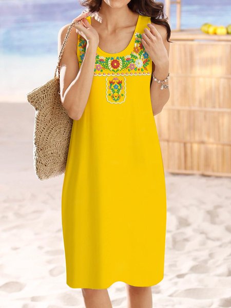 

Round Neck Vacation Short Sleeve Woven Dress, Yellow, Dresses