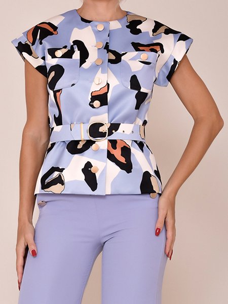 

Crew Neck Leopard Elegant Short Sleeve Top, Purple, Tops