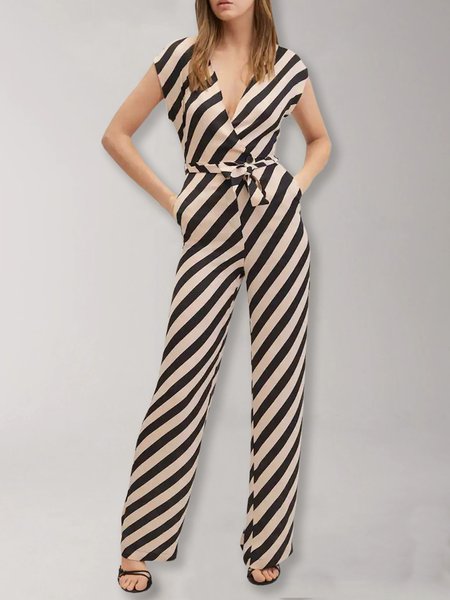 

V Neck Striped Jumpsuit & Romper, Stripe, Jumpsuits