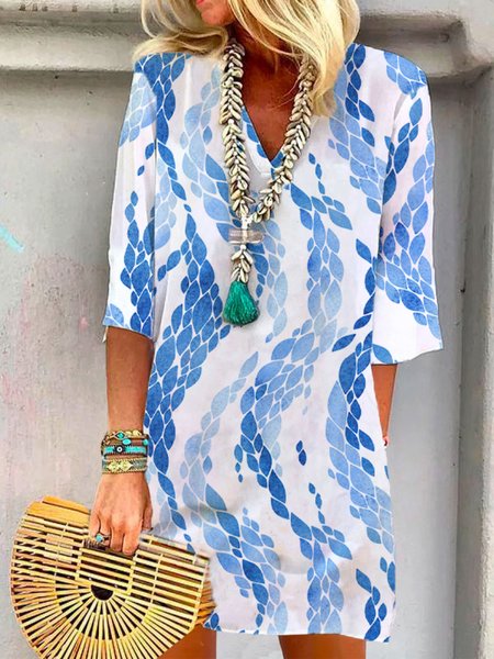 

Geometric V Neck Regular Fit Short Sleeve Woven Dress, White, Dresses