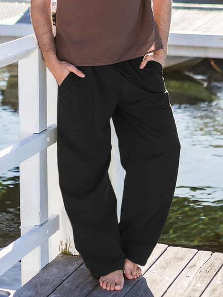 

Cotton And linen Style American Casual Basic Wild linen Trousers, Black, Pants