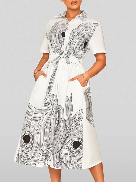 

Printed Shirt Collar Short Sleeve Dress, White, Midi Dresses