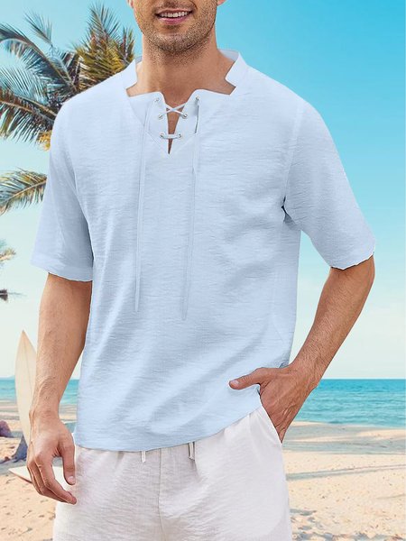 

Short Sleeve Plain Vacation Short Sleeve Shirt, Blue, Shirts ＆ Blouse