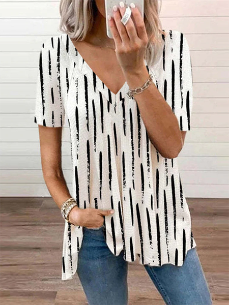 

Loosen V Neck Striped Short Sleeve T-Shirt, White, T-Shirts