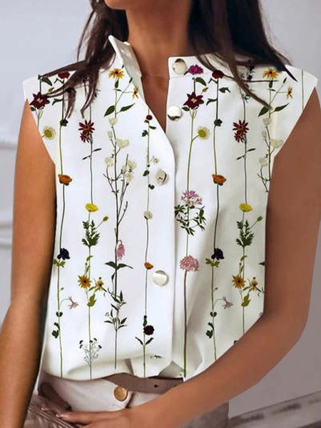 

Stand Collar Casual Loosen Short Sleeve Blouse, Flower, Blouses & Shirts