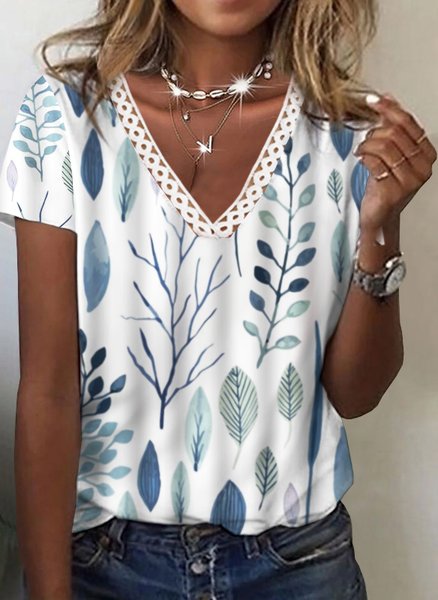 

Leaves Plants Printed Casual Loosen V Neck Short Sleeve T-Shirt, White, T-Shirts