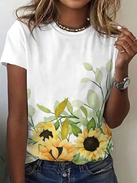 

Casual Floral Round Neck Short Sleeve T-Shirt, White, T-Shirts