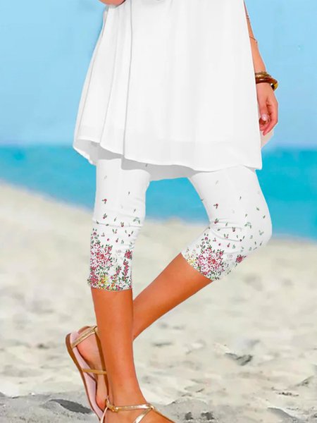 

Casual Floral Leggings, White, Leggings