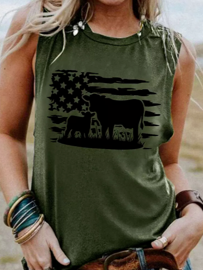 

Crew Neck Casual Printed Knit, Green, Tank Top