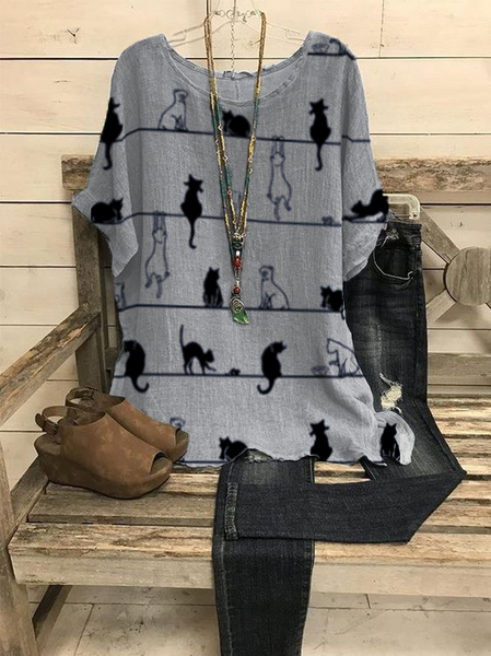 

Loosen Crew Neck Animal Short Sleeve Tops, Gray, Shirts & Blouses