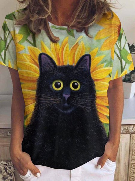 Women's Black And Sunflower Abstract Casual Short Sleeve T-Shirt, As picture, T-shirts