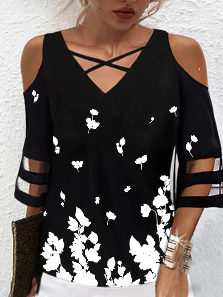 

V Neck Casual Short Sleeve Tops, Black, T-Shirts
