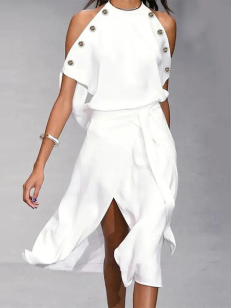 

Regular Fit Round Neck Plain Short Sleeve Woven Dress, White, Midi Dresses