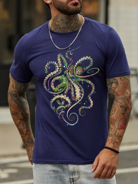 

Men's Casual Personality Octopus Print Crew Neck T-Shirt, Purplish blue, T-shirts