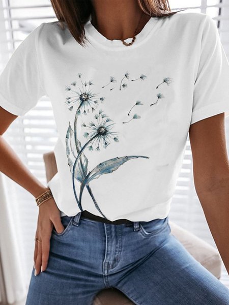 Round Neck Plants Short Sleeve T-Shirt, White, T-Shirts