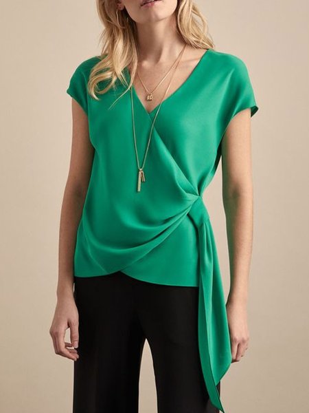 

V Neck Knot Front Short Sleeve Top, Green, Tops