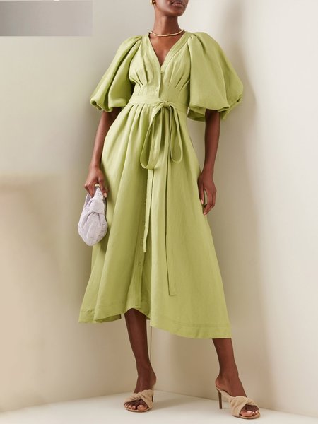 

Puff Sleeve V Neck Vacation Short Sleeve Woven Dress, Green, Midi Dresses