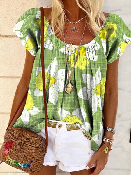

Floral Casual Scoop Neckline Short Sleeve Tops, Green, Tunics