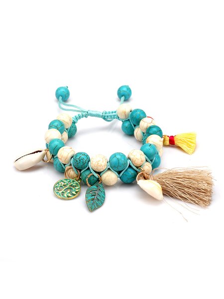 

JFN Ethnic Vintage Turquoise Shell Tassel Woven Multilayer Bracelet, As picture, Bracelets