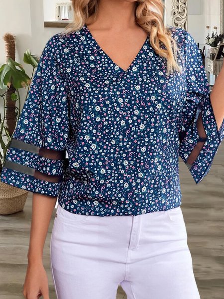 

Romantic Floral Loosen Short Sleeve Tops, Blue, Tops