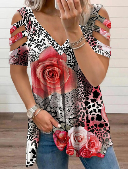 

Casual V Neck Floral Short Sleeve T-Shirt, Red, T-Shirts