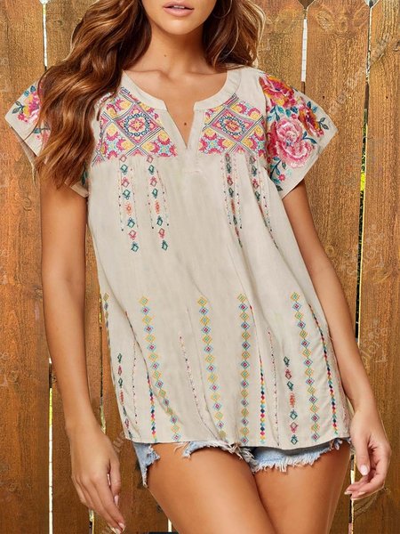 

Vintage Print Short Sleeve Casual Top, Light khaki, Shirts & Blouses