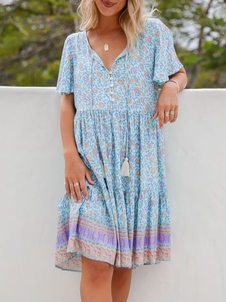 

Loosen V Neck Short Sleeve Woven Dress, Multicolor, Dresses