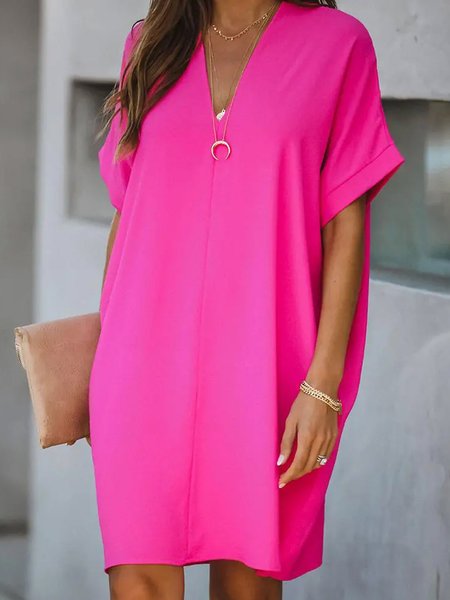 

Loosen V Neck Short Sleeve Woven Dress, Rose red, Mini Dresses