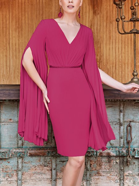 

Elegant Skinny Solid V Neck Cap Sleeve Knit Dress, Rose red, Midi Dresses