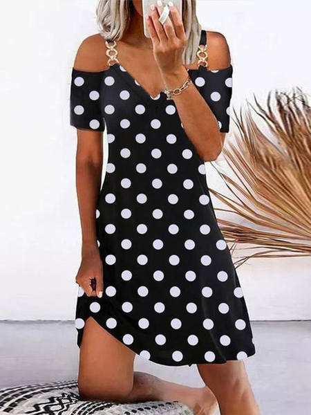 

Polka Dots Regular Fit Casual Short Sleeve Knit Prom Dress, Black, Dresses